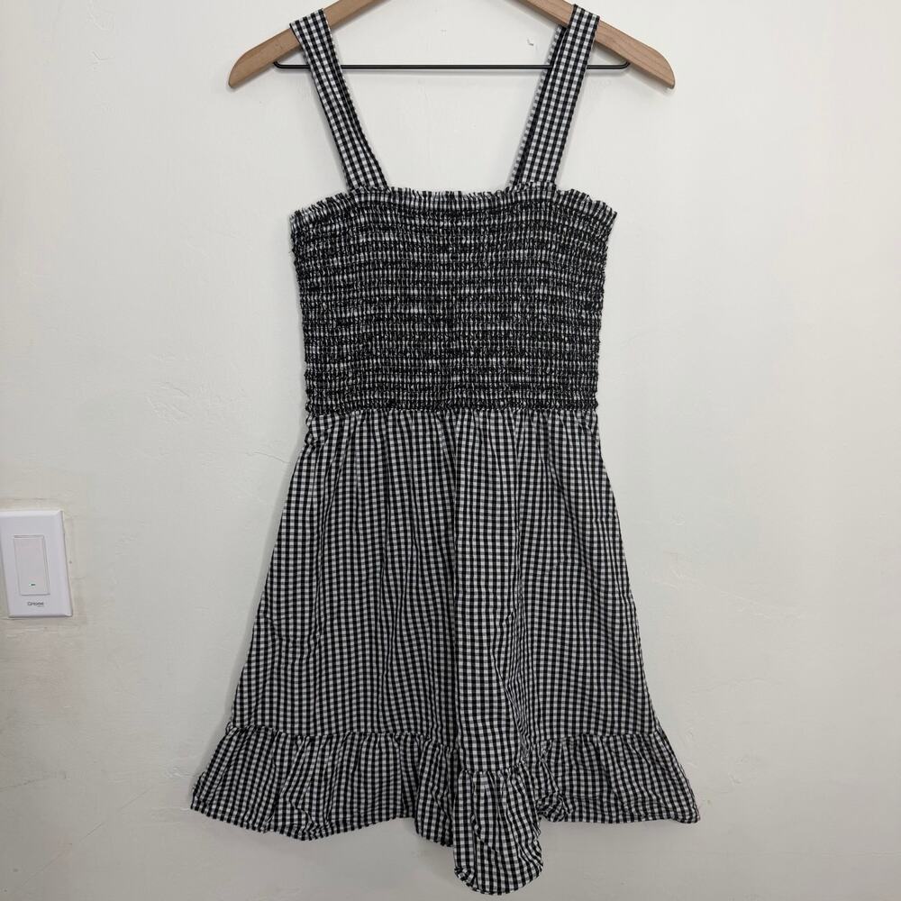 LOFT Smocked Mini Dress Black White Gingham Plaid Size SP New 100% Cotton